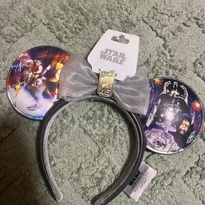Star Wars Silver Bow Mickey Ear Headband with Vintage Artwork Ears